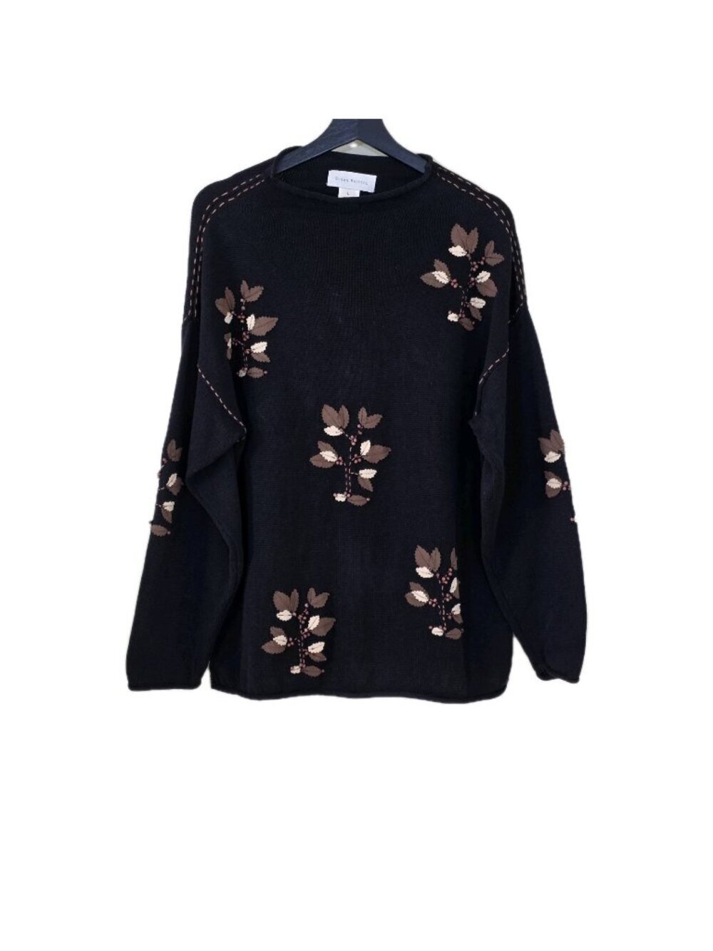 VTG Susan Bristol Hand Embroidered Sweater L Black Embellished Grandma FLAW